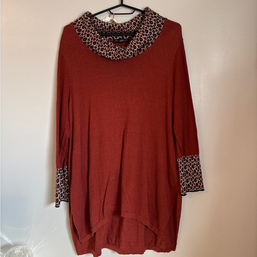 Parkhurst Rust Cowl Neck Sweater with Leopard Trim